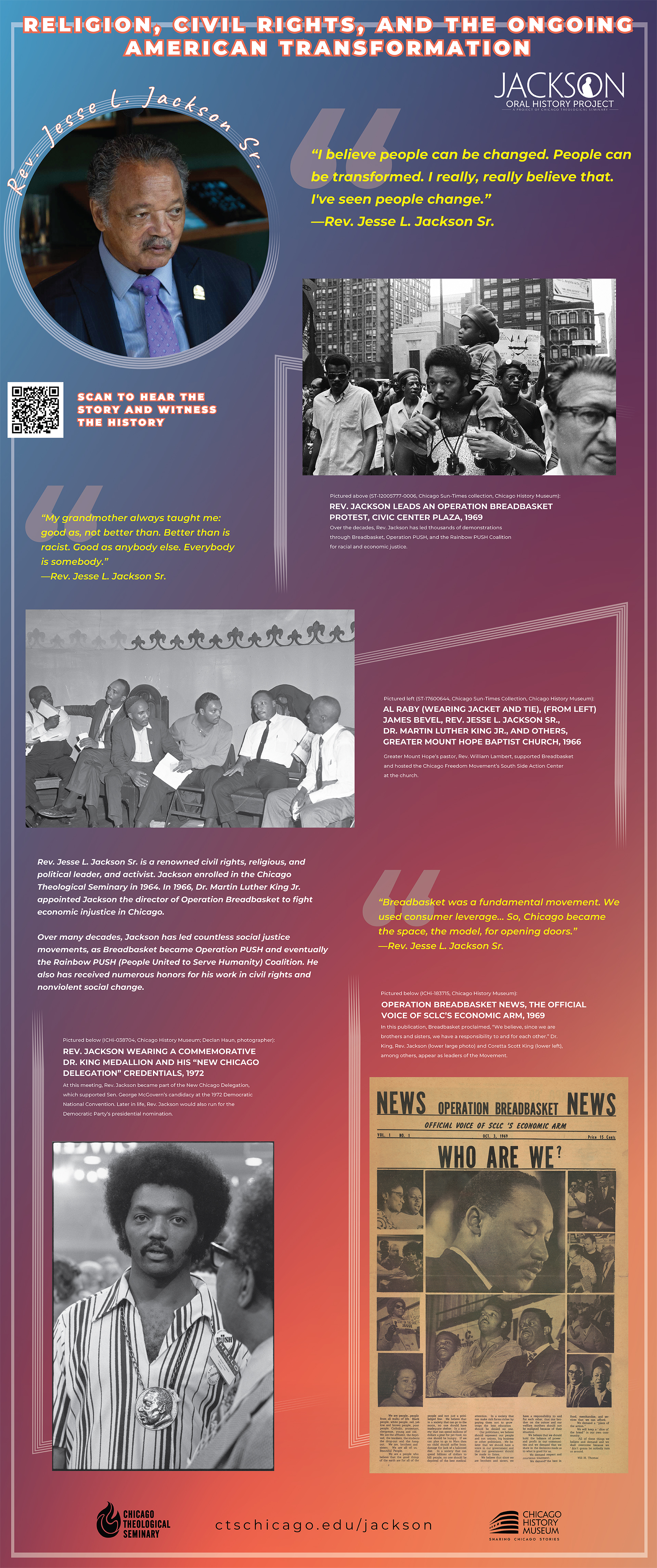 Rev. Jesse L. Jackson Oral History Project  exhibition featuring ten 33 by 80 inch pop-up banner panels displaying historical photographs, quotes, and QR codes linking to oral history video and audio recordings.